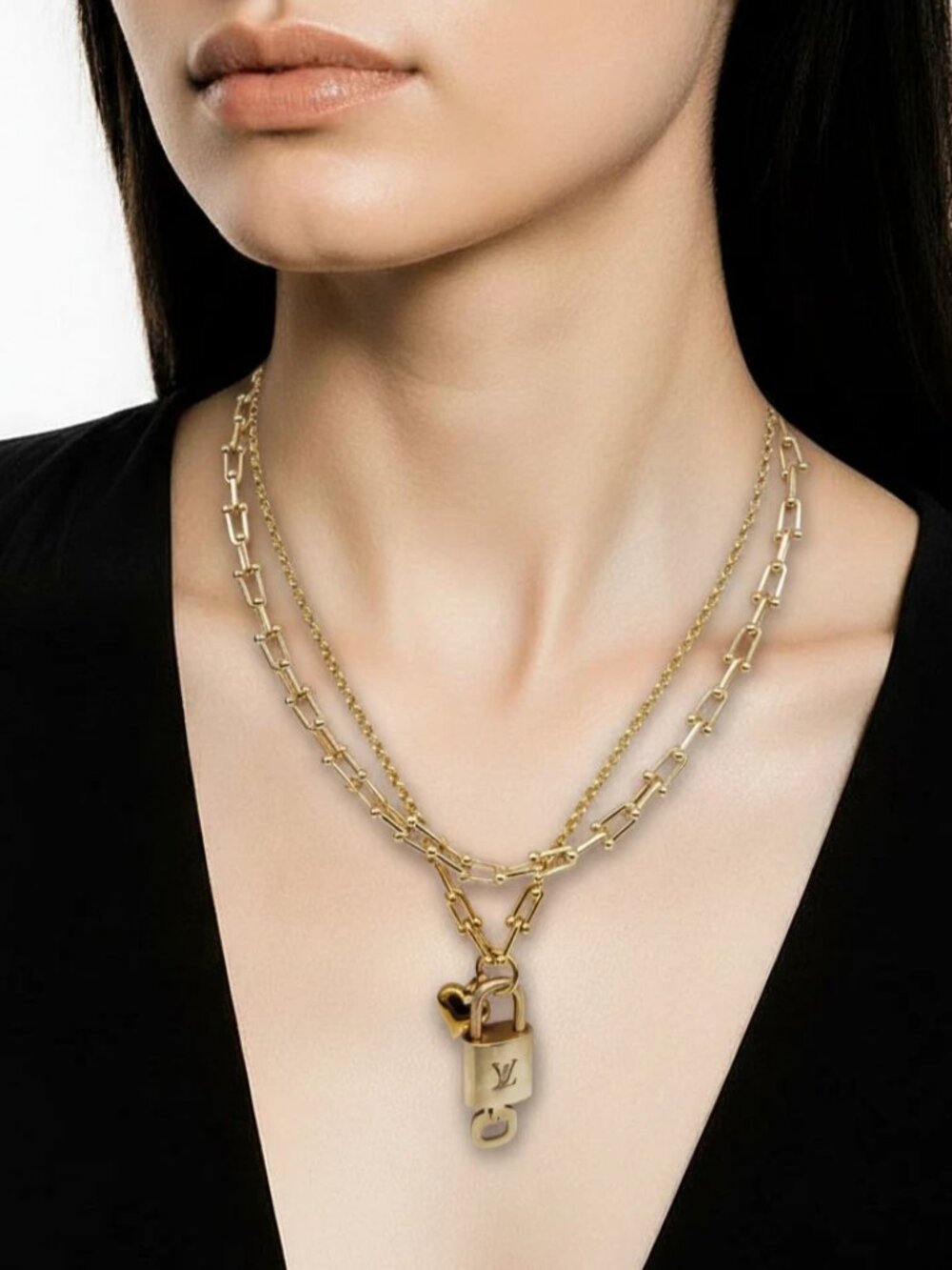 Authentic Louis Vuitton Gold Padlock w/ Unbranded Fashion Stainless Steel Chain
